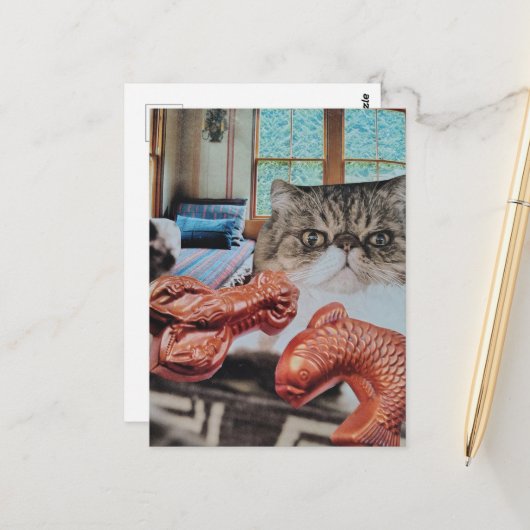 Kitty Met Kreeft en Vis Collage Briefkaart (Voorkant / Achterkant in situ)