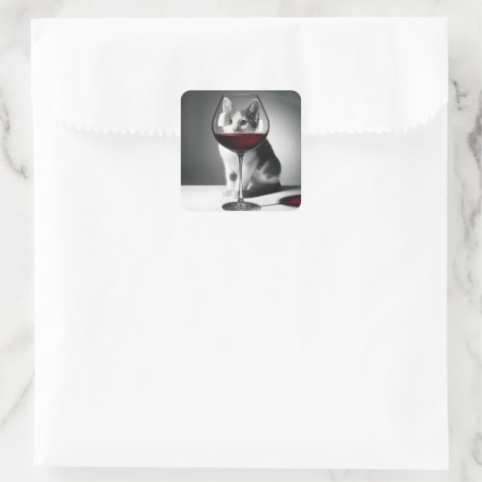 Kitty Peeking Through a Wine Glass Vierkante Sticker (Tas)
