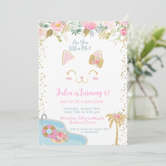 Kitty Pool Party Invitation Kaart (Staand voorkant)
