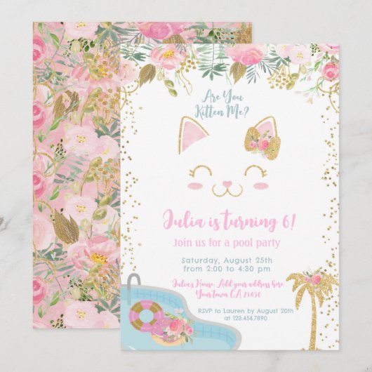 Kitty Pool Party Invitation Kaart (Voorkant / Achterkant)