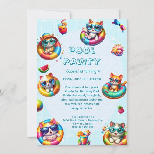 Kitty Splash Verjaardags Zwembad Feest Uitnodiging (Voorkant)