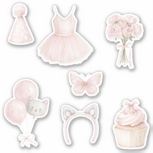 Kitty Tutu Roze Rozen Ballonnen Cupcake Sticker (Voorkant)