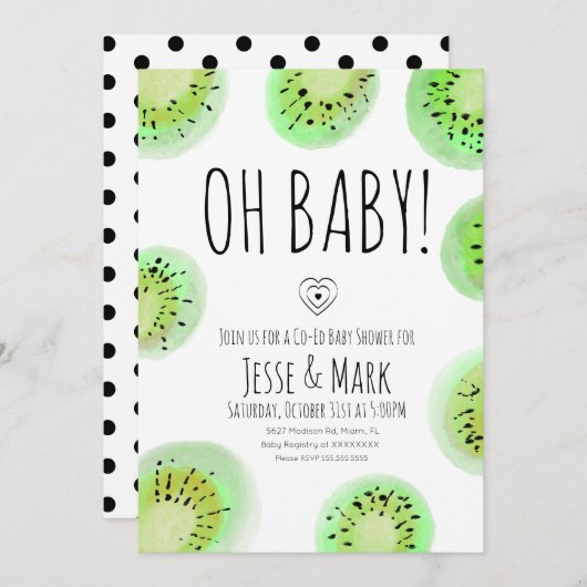 Kiwi Baby shower Waterverf Polk Stippen Kaart (Voorkant / Achterkant)