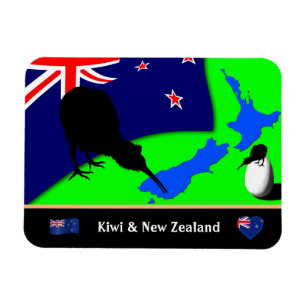 Kiwi Bird, Flag & Map of New Zealand/art Magneet