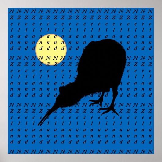 Kiwi Bird, Moon & New Zealand text/Bro Posters (Voorkant)