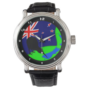 Kiwi Bird & New Zealand Flag/Map Art (Watch) Horloge