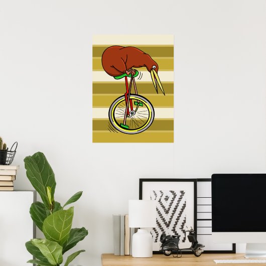 Kiwi Bird on a Unicycle Funny Cartoon Poster (Thuiskantoor)