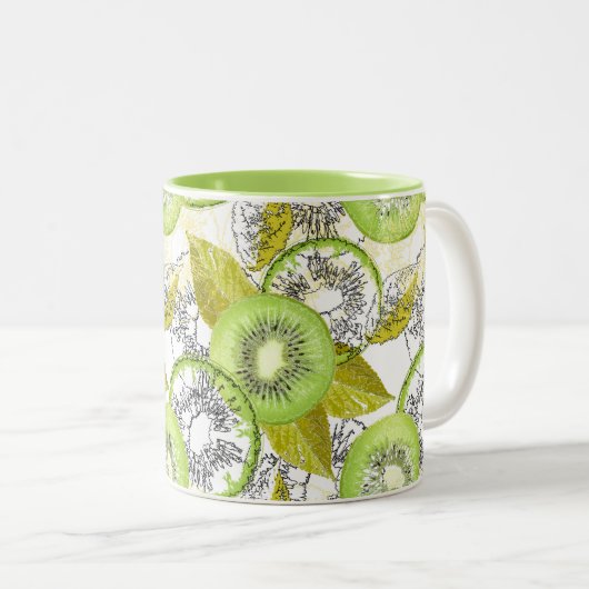 Kiwi, fruitig, groen en wit, vers, sappig, wit tweekleurige koffiemok (Voorkant rechts)