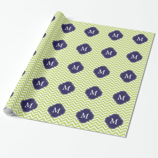 Kiwi Green & Blue Zigzags Patroonmonogram Cadeaupapier (Uitgerold)