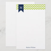 Kiwi Green Chevrons en Blue Monogram Briefpapier (Voorkant / Achterkant)
