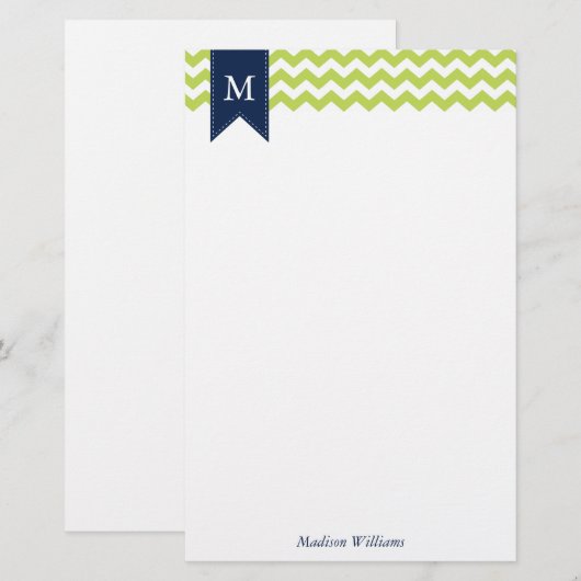 Kiwi Green Chevrons en Blue Monogram Briefpapier (Voorkant / Achterkant)