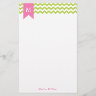 Kiwi Green Chevrons Pattern and Pink Monogram Briefpapier