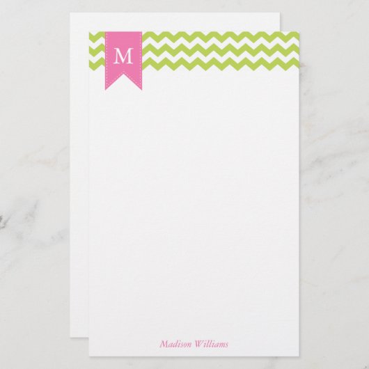 Kiwi Green Chevrons Pattern and Pink Monogram Briefpapier (Voorkant / Achterkant)