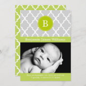 Kiwi Green Quatrefoil Monogram Birth Announements Aankondiging (Voorkant / Achterkant)