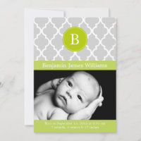 Kiwi Green Quatrefoil Monogram Birth Announements