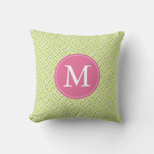 Kiwi Groen Roze Grieks Sleutelpatroon Monogram Kussen