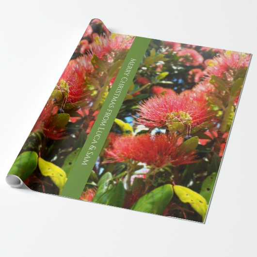 KIWI NZ ROOD GROEN POHUTUKAWA BLOEM XMAS BERICHT CADEAUPAPIER (Uitgerold)
