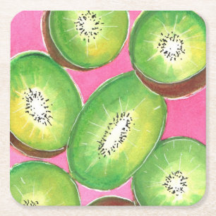 Kiwi op roze cocktailservet neon groen en roze kartonnen onderzetters