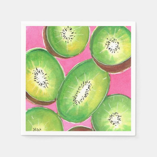 Kiwi op roze cocktailservet neon groen en roze servet (Voorkant)