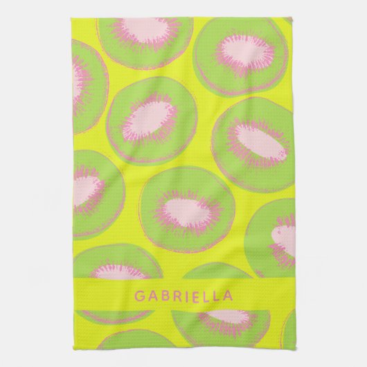 Kiwi Pop Art Fruit Pattern Green Roze gepersonalis Theedoek (Verticaal)
