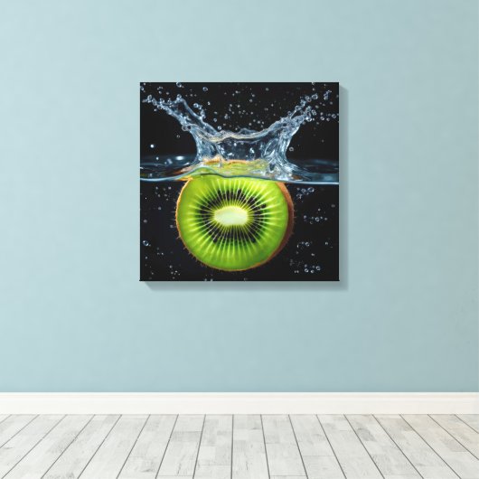 Kiwi-schijfje spat in het water canvas afdruk (Insitu (Houten vloer))