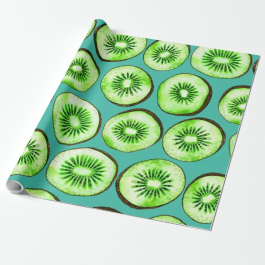 Kiwi snijdsels op turquoise cadeaupapier (Uitgerold)