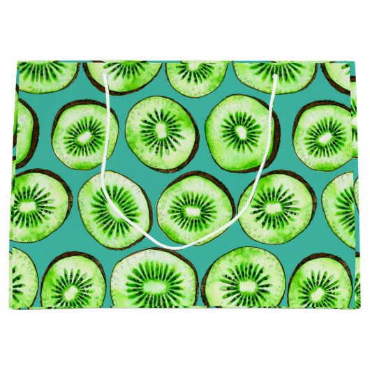 Kiwi snijdsels op turquoise groot cadeauzakje (Voorkant)