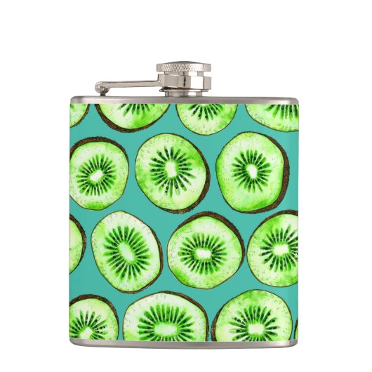 Kiwi snijdsels op turquoise heupfles (Voorkant)