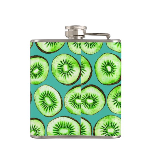 Kiwi snijdsels op turquoise heupfles (Achterkant)