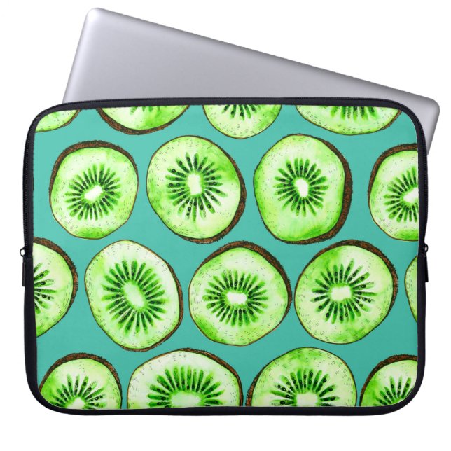 Kiwi snijdsels op turquoise laptop sleeve (Voorkant)