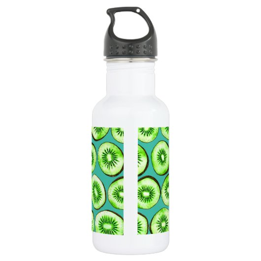 Kiwi snijdsels op turquoise waterfles  (Achterkant)
