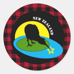 Kiwi-vogel & Nieuw-Zeeland, Rode Buffalo geruite r Ronde Sticker