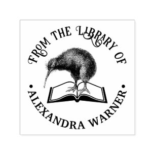 Kiwi Vogel op een boek Ronde Bibliotheek Boeknaam Zelfinktende Stempel