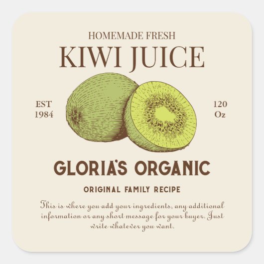  kiwi vruchtensap aangepast productlabel vierkante sticker (Voorkant)
