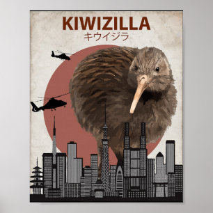 Kiwizilla Grappige Kiwi Nieuw-Zeeland Vogelliefheb Poster