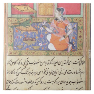 Kjujista, de vrouw van Merchant, die met een Parro Tegeltje