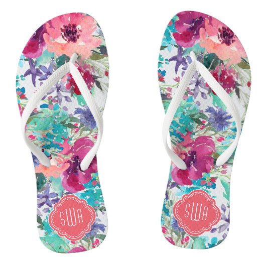 Kkleurige Waterverf Floral Patroon met Monogram Teenslippers (Voetbed)