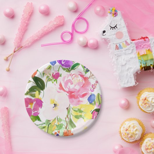 Kkleurige Waterverf Spring Blooms Floral Papieren Bordje (Feest)