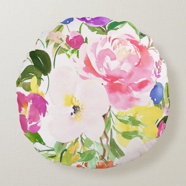 Kkleurige Waterverf Spring Blooms Floral Rond Kussen (Voorkant)