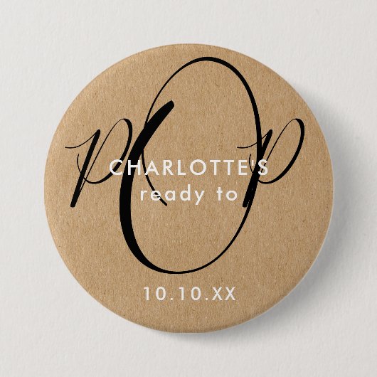 Klaar om Baby shower Robuust Kraft Chic Manuscript Ronde Button 7,6 Cm (Voorkant)