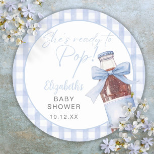 Klaar om blauwe strik frisdrankfles baby shower ronde sticker