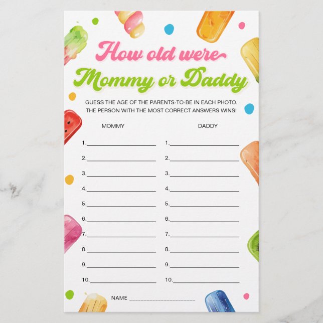 Klaar om de Pop Baby shower Guess the Age Game (Voorkant)