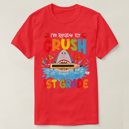 Klaar om het Kind van de 1e Grade Funny Shark Boys T-shirt (Design voorkant)