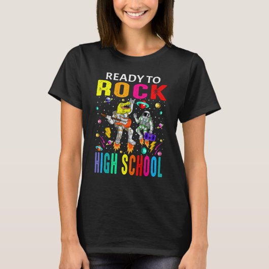 Klaar om High School Astronaut Dinosaur terug te r T-shirt (Voorkant)
