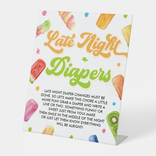 Klaar om Pop Baby shower Late Night Luiers Reclamebord Met Voetstuk (Voorkant)