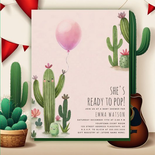Klaar om Pop Meisje Balloon Cactus Groen Baby show Kaart