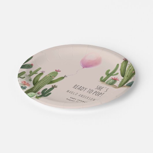 Klaar om Pop Meisje Balloon Cactus Groen Baby show Papieren Bordje (Gekanteld)