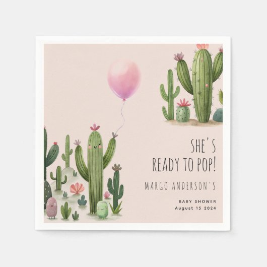 Klaar om Pop Meisje Balloon Cactus Groen Baby show Servet (Voorkant)
