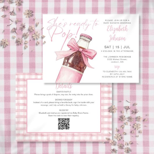 Klaar om Roze Frisdrankfles QR Code Baby Shower ui Kaart