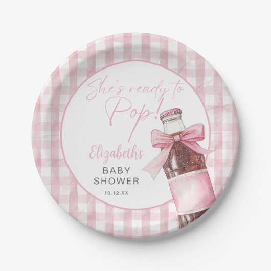 Klaar om Roze Strik Fles Babyshower Papieren Bordje (Voorkant)